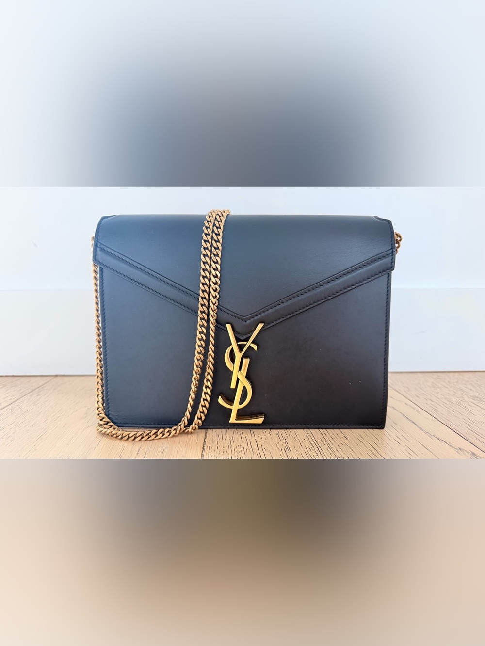 Saint Laurent - YSL Med/Flap Black Leather Chain-Handle Shoulder/Crossbody Bag